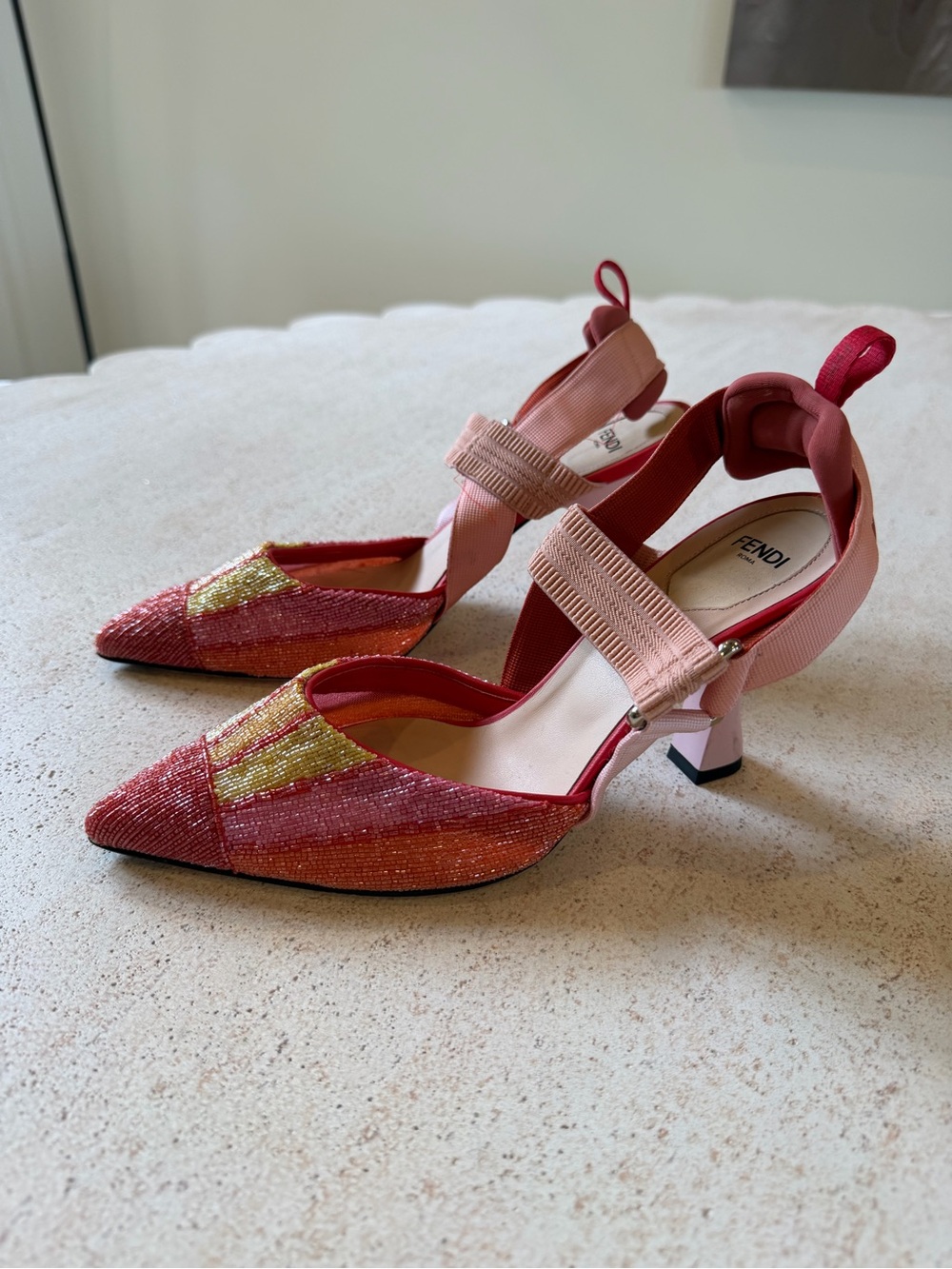Fendi Pink, Red & Gold Beaded Pointed-Toe Slingbacks - Picture 2 of 12
